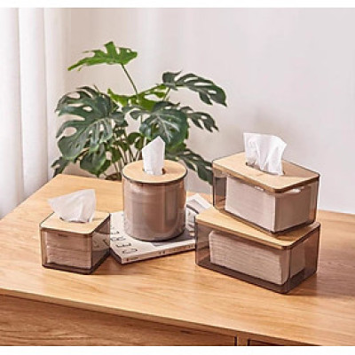 Hộp Đựng Giấy Ăn Khăn Giấy Nhựa MiKa Trong Suốt Nắp Gỗ Tre Tự Nhiên Màu Sắc Kiểu Dáng Phong Cách Bắc Âu