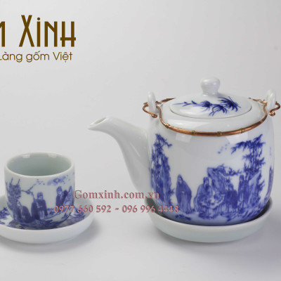 ấm chén Bát Tràng_Bộ ấm trà men Lam Cổ dáng Vại S1 kèm phụ kiện