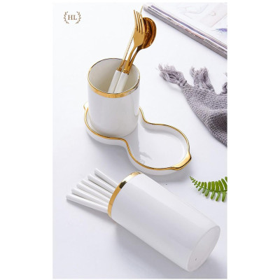 Hũ sứ đựng đũa có khay hứng nước đế liền | ỐNG ĐŨA 2 KẺ VÀNG KIM PHONG CÁCH RETRO 2022