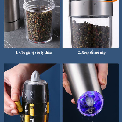Máy Xay Tiêu Cầm Tay Tự Động Chạy Pin Kunbe - Cối Xay Hạt Gia Vị Có Đèn Led, Lõi Mài Gốm Ceramic Cao Cấp, Tiện Dụng
