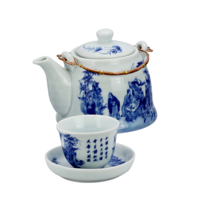 Bộ ấm chén men lam giả vuốt Trúc Lâm Thất Hiền gốm sứ Bát Tràng (bộ bình uống trà, bộ bình trà)