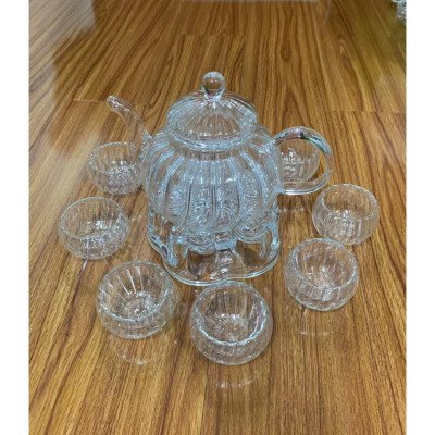Bộ ấm chén pha trà thủy tinh dáng bí 600ml kèm đế châm nến