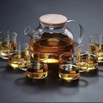 Bộ bình trà thủy tinh nắp gỗ  6 cốc kèm khay tre - ANTH591