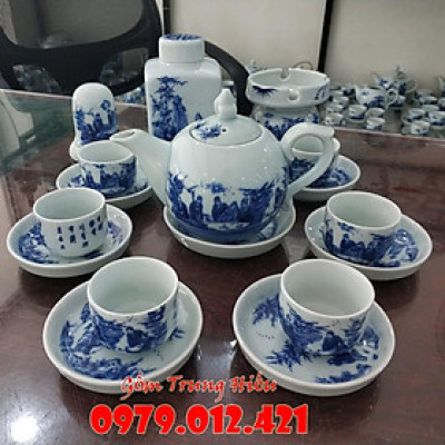 Bộ ấm chén men lam Bát Tràng tích Trúc Lâm Thất Hiền