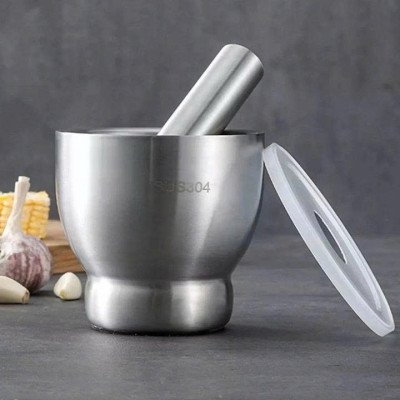 Cối Chày Inox 304  Có Nắp Đậy Cao Cấp – Giã Tỏi Ớt, Gia Vị, Thực Phẩm Nhanh Chóng, Sạch Sẽ Size 10cm