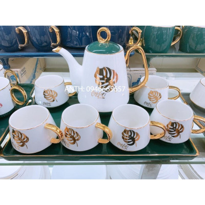 BỘ ẤM CHÉN PHA TRÀ CÀ PHÊ TRẮNG NẮP XANH HỌA TIẾT LÁ VÀNG KÈM KHAY SỨ XANH