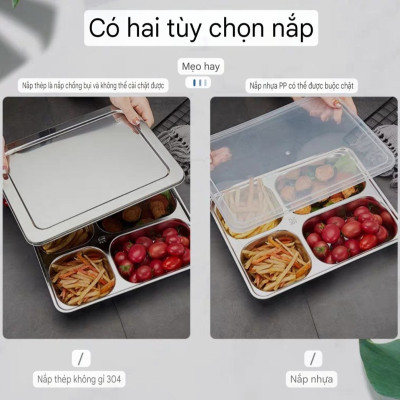Khay Đựng Cơm Thức Ăn Inox 5 Ngăn Và 4 Ngăn sâu lòng - Khay Cơm Inox 304 ( Tùy Chọn Nắp Khay )