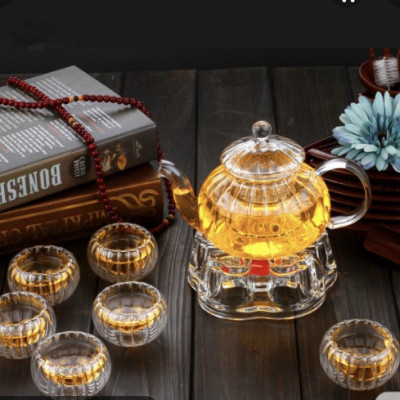 BỘ ẤM CHÉN PHA TRÀ THỦY TINH HOA CÚC KÈM KHAY TRE - ANTH679