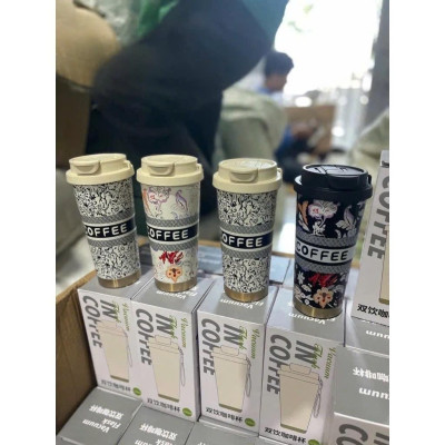 Ly, cốc giữ nhiệt Coffee Linh Chi Bedding Họa tiết sang trọng 500ml kèm ống hút