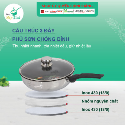 Chảo inox chống dính sâu lòng có nắp kính cao cấp Fivestar 24cm , 26cm  , tặng 1 sạn dừa , tay cầm cách nhiệt