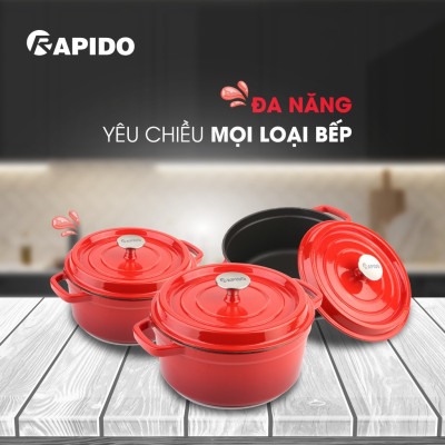Nồi gang đúc tráng men Rapido cao cấp size 22cm phù hợp mọi loại bếp gia đình - Hàng chính hãng