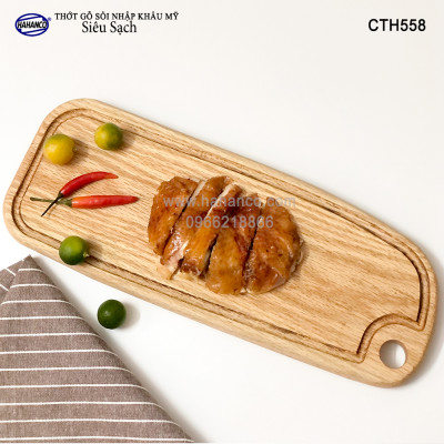 Thớt cỡ dài gỗ Sồi Mỹ (OAK) có rãnh bao quanh tiện dụng (CTH558) hàng Xuất Khẩu Châu Âu - khay bánh mì/trái cây/ bít tết/ pizza/ phụ kiện chụp ảnh, bày món ăn trong nhà hàng - Sang trọng trên bàn ăn - HAHANCO