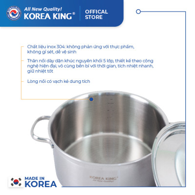 KP-18S5PLY Nồi inox 5 lớp đáy liền Korea King (Nồi, nắp đều bằng inox, đường kính 18cm, dung tích 2L)-Hàng chính hãng