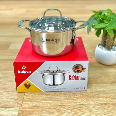 Nồi Inox 304 thân đáy đúc liền 3 lớp Kalpen Kazler 24cm dung tích 6.5L, đáy từ, vung kính chuẩn Đức - Hàng chính hãng