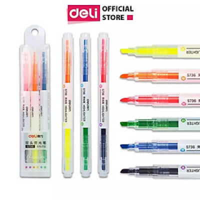 Bút highlight dấu dòng 2 đầu Deli - 3 cây 6 màu - nét trơn mượt, màu tươi sáng - 3 chiếc / Hộp - S736