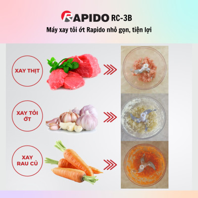 Máy xay tỏi ớt mini đa năng Rapido RC-3B/RC-2B 3 Lưỡi, 2 Lưỡi, chất liệu thép không gỉ, an toàn 180ml - Hàng chính hãng