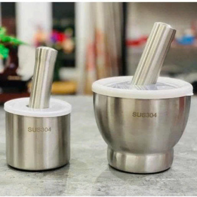 Cối Chày Inox 304 Cao Cấp , Đâm Tiêu , Giã Tỏi, Giã Cua, Có Nắp Đậy, Đế Chống Trượt , Size 10cm 