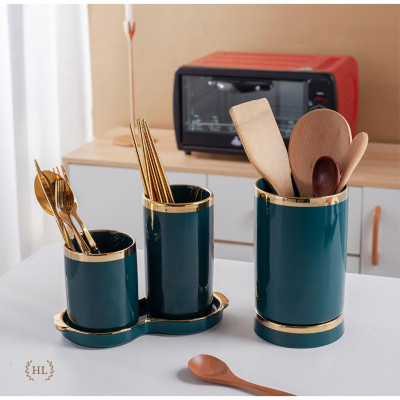 Hũ sứ đựng đũa có khay hứng nước đế liền | ỐNG ĐŨA 2 KẺ VÀNG KIM PHONG CÁCH RETRO 2022