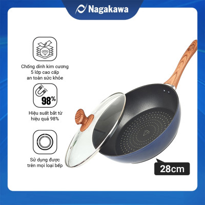 Chảo Sâu Lòng NAG2853 Đáy Từ 5 Lớp Chống Dính Vung Kính Siêu Bền Nagakawa (28cm) - Dùng Trên Mọi Loại Bếp - Hàng Chính Hãng
