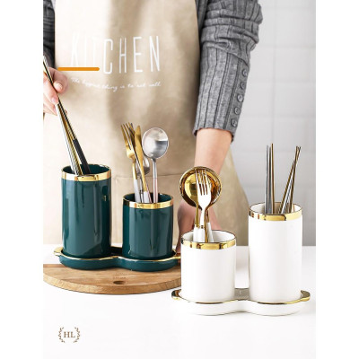 Hũ sứ đựng đũa có khay hứng nước đế liền | ỐNG ĐŨA 2 KẺ VÀNG KIM PHONG CÁCH RETRO 2022