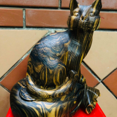 Tượng con mèo điêu khắc bằng gỗ mun kt 30×26×17cm