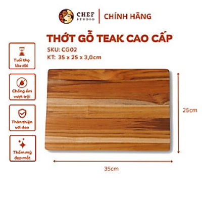 [Chính hãng] Thớt gỗ Teak ghép ngang, hình chữ nhật 25x35x3 cm - MSP CG02. Dùng cắt, thái, khay trưng bày thực phẩm.