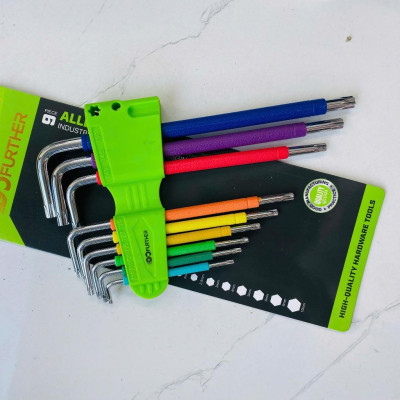 Bộ 9 cây lục giác màu GOFUTHER chất liệu CRV cao cấp, bộ lục giác đầu bi, đầu bông cao cấp