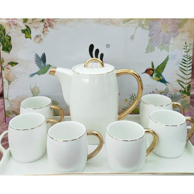 BỘ ẤM CHÉN PHA TRÀ HIỆN ĐẠI TRẮNG VIỀN VÀNG CAO CẤP