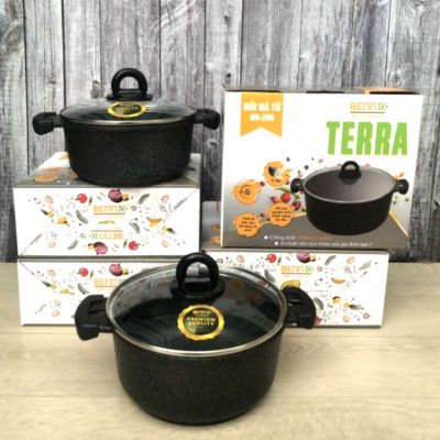 Nồi vân đá chống dính Bennix Terra size 18cm/20cm đáy từ vung kính