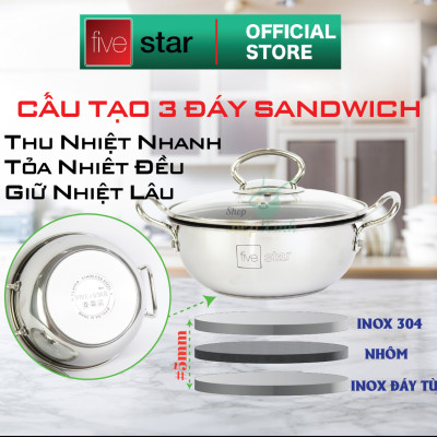Nồi inox chống dính cao cấp Fivestar nắp kính inox 430 , tặng 5 muỗng ăn 18cm | 20cm | 22cm | 24cm | 26cm | 28cm