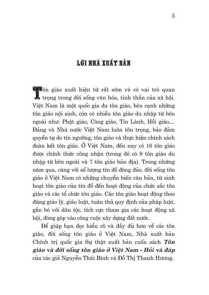 Tôn giáo và đời sống tôn giáo ở Việt Nam - Hỏi và đáp, tác giả Nguyễn Thái Bình và Đỗ Thị Thanh Hương (bản in 2024)
