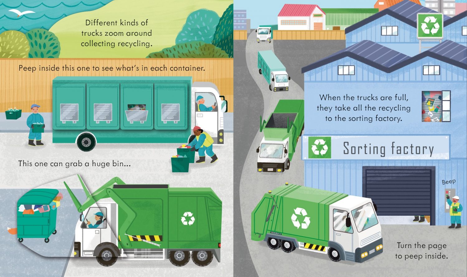 Sách tương tác thiếu nhi tiếng Anh: Peep Inside How A Recycling Truck Works