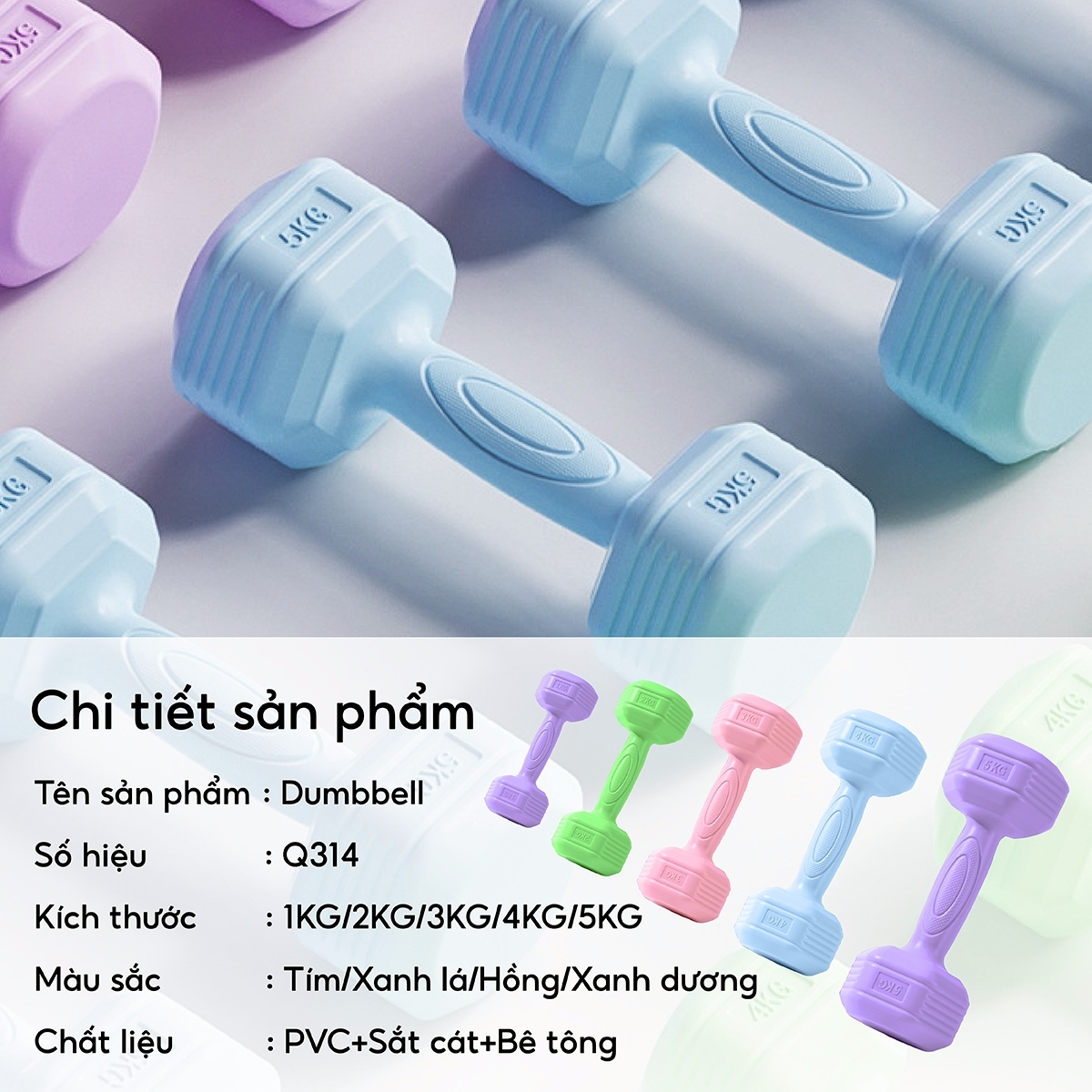Bộ 2 tạ tay Thái Lan 1kg cao cấp Model Q304 - Q314 tập Gym tại nhà (hàng nhập khẩu)