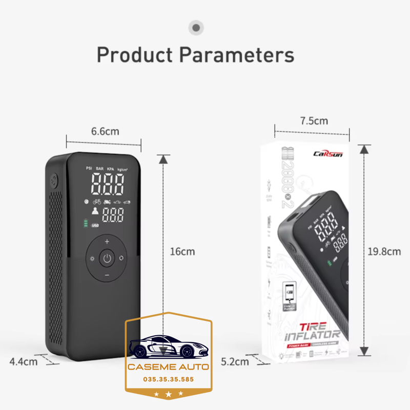 Bơm Lốp Ô Tô - Xe Máy Mini Không Dây CARSUN C3106, Pin 4000mAh, Áp Suất 150PSI, Có Đèn LED, Đèn Cảnh Báo, Kiêm Sạc Dự Phòng