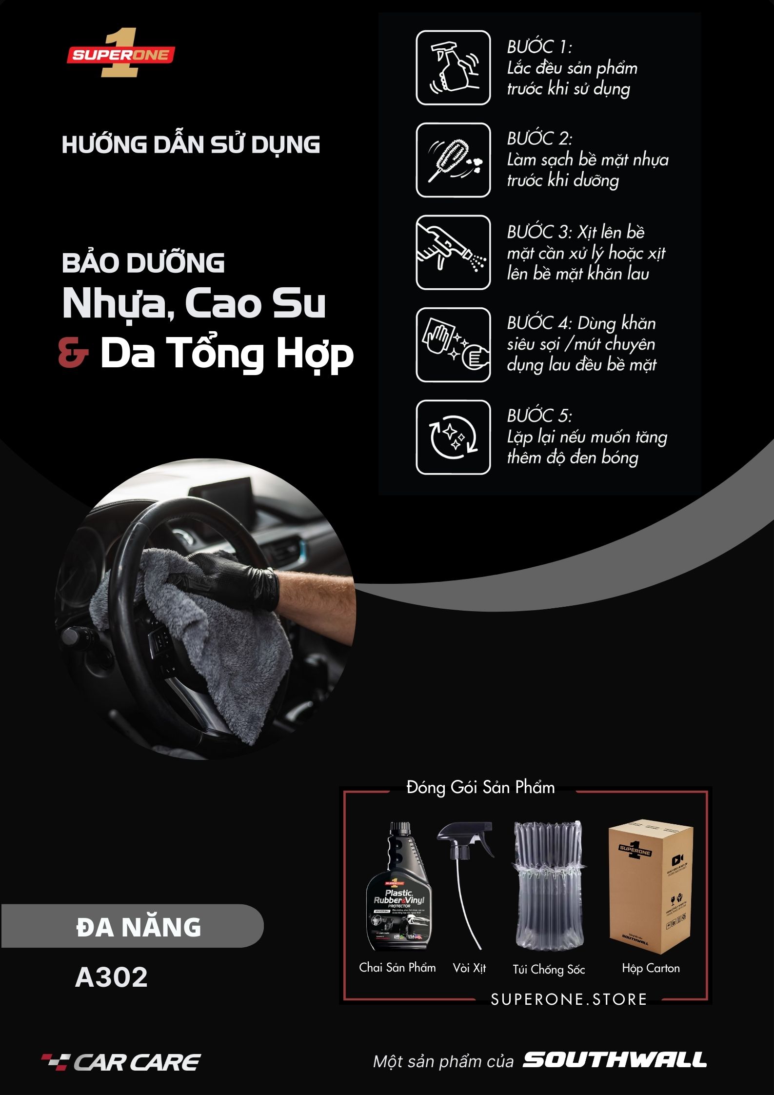 Dung Dịch Bảo Dưỡng Nhựa, Cao Su & Da Tổng Hợp Ô Tô SUPERONE Plastic, Rubber and Vinyl Protector - Universal SOUTHWALL A302