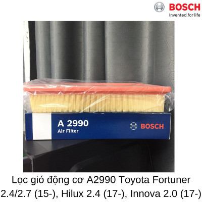 Lọc Gió Động Cơ BOSCH A2990 cho xe Toyota Fortuner 2.4/2.7 (15-), Hilux 2.4 (17-), Innova 2.0 (17-), Made in China