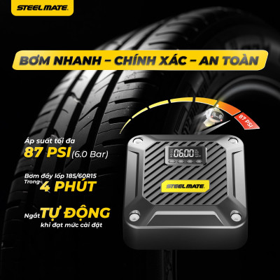 Bơm Lốp Ô Tô Mini STEELMATE T5 – Bơm Nhanh, Tự Động Ngắt, Hiển Thị Áp Suất Kỹ Thuật Số, Bảo Hành 2 Năm