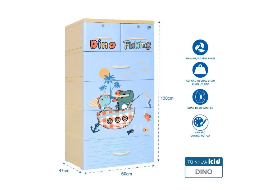 Tủ nhựa 5 tầng Qui Phúc KID màu xanh dương mẫu Dino Fishing KT 600 x 470 x 1300 mm _ Juno Sofa hàng lắp sẵn