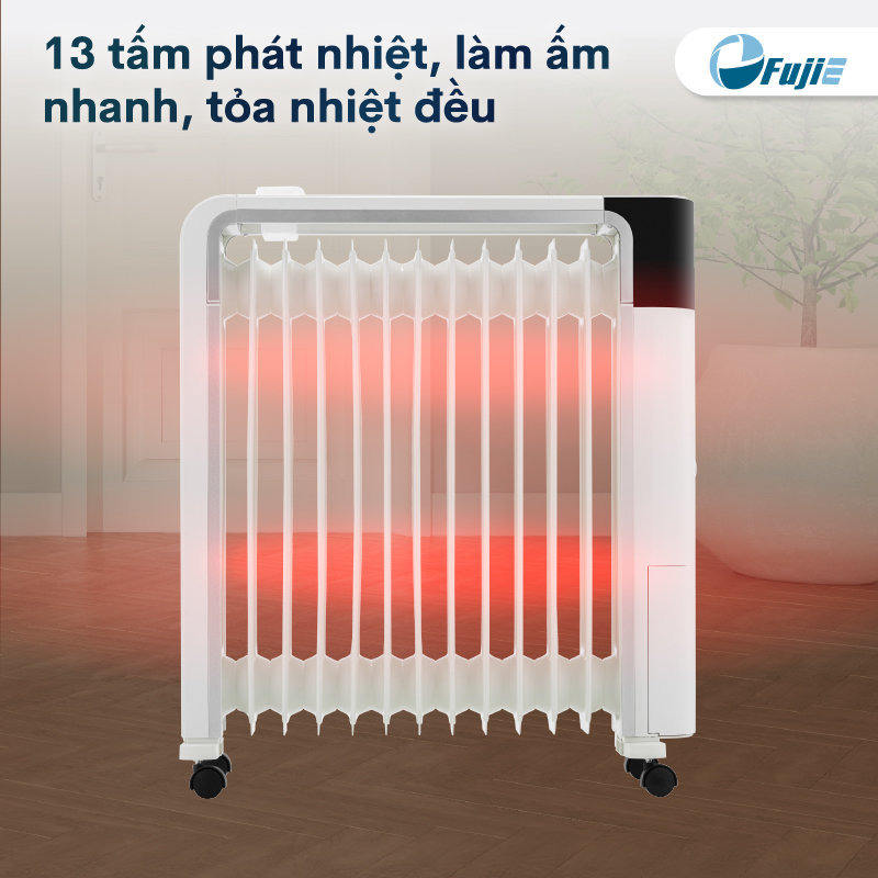 Máy sưởi dầu điều khiển từ xa nhập khẩu FujiE OFR7813,13 thanh sưởi sử dụng phòng 30m2, bảng điều khiển điện tử tăng giảm nhiệt độ- Hàng CHính Hãng