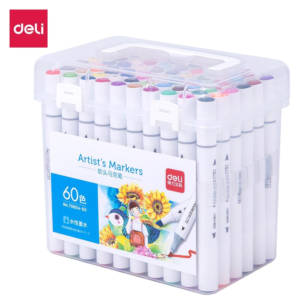 Bút màu marker kèm giấy thử màu thân tròn một đầu Deli - Marker hộp nhựa - 12/ 24/ 36/ 48/ 60 Màu - 70804