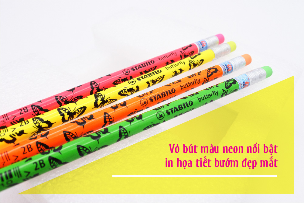 Hộp bút chì gỗ STABILO butterfly 2B hình bươm bướm, có đầu tẩy - Hộp 12 bút thân màu hồng,có đầu tẩy + Gôm tẩy ER198 (PC4920P/12-2B+)