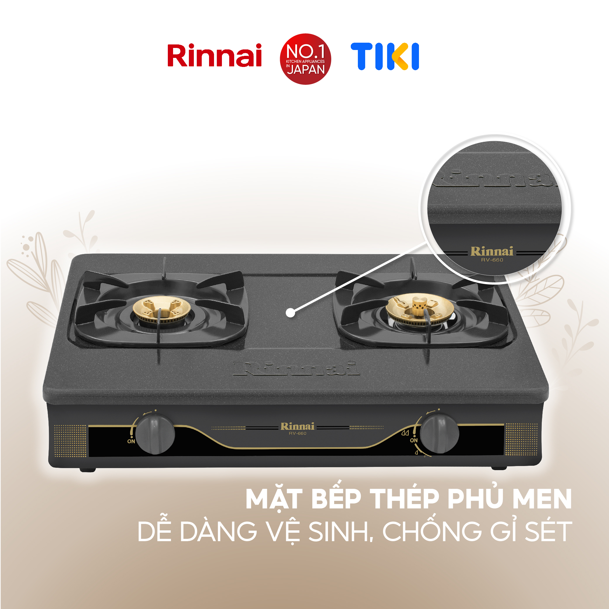 Bếp gas dương Rinnai RV-660(G) mặt bếp men và kiềng bếp men - Hàng chính hãng.