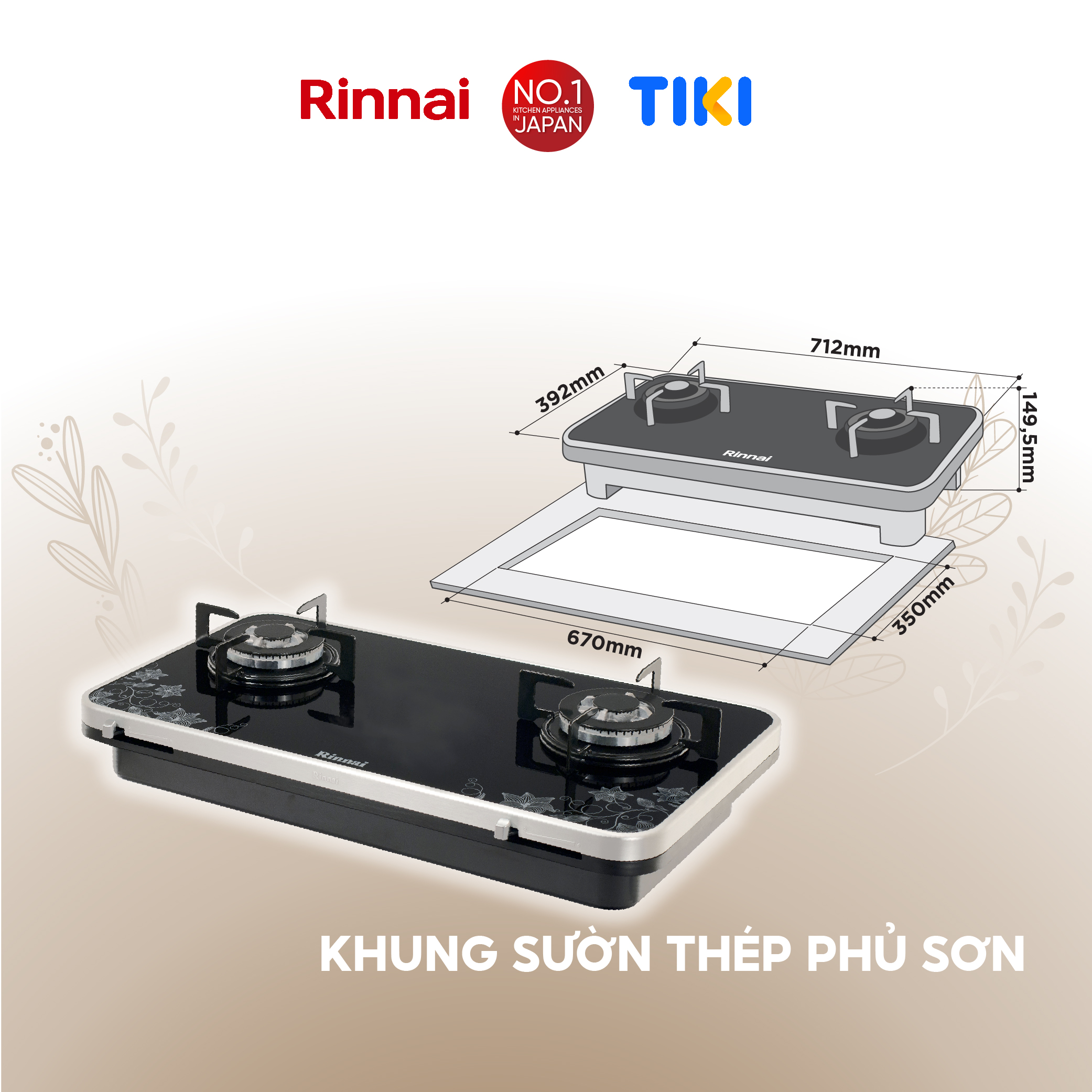 Bếp gas âm Rinnai RB-7902S-GBS(F) mặt bếp kính Schott và kiềng bếp men - Hàng chính hãng.