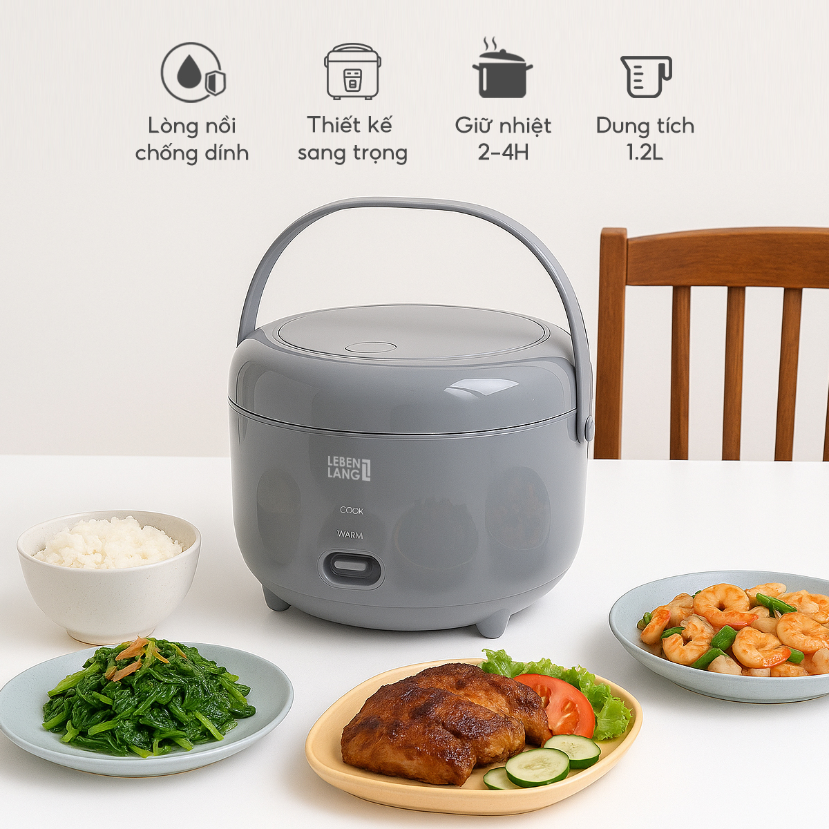 Nồi cơm điện Lebenlang LBL0581, dung tích 1200ml, công suất 350W, thiết kế hiện đại, bảo hành 2 năm - hàng chính hãng