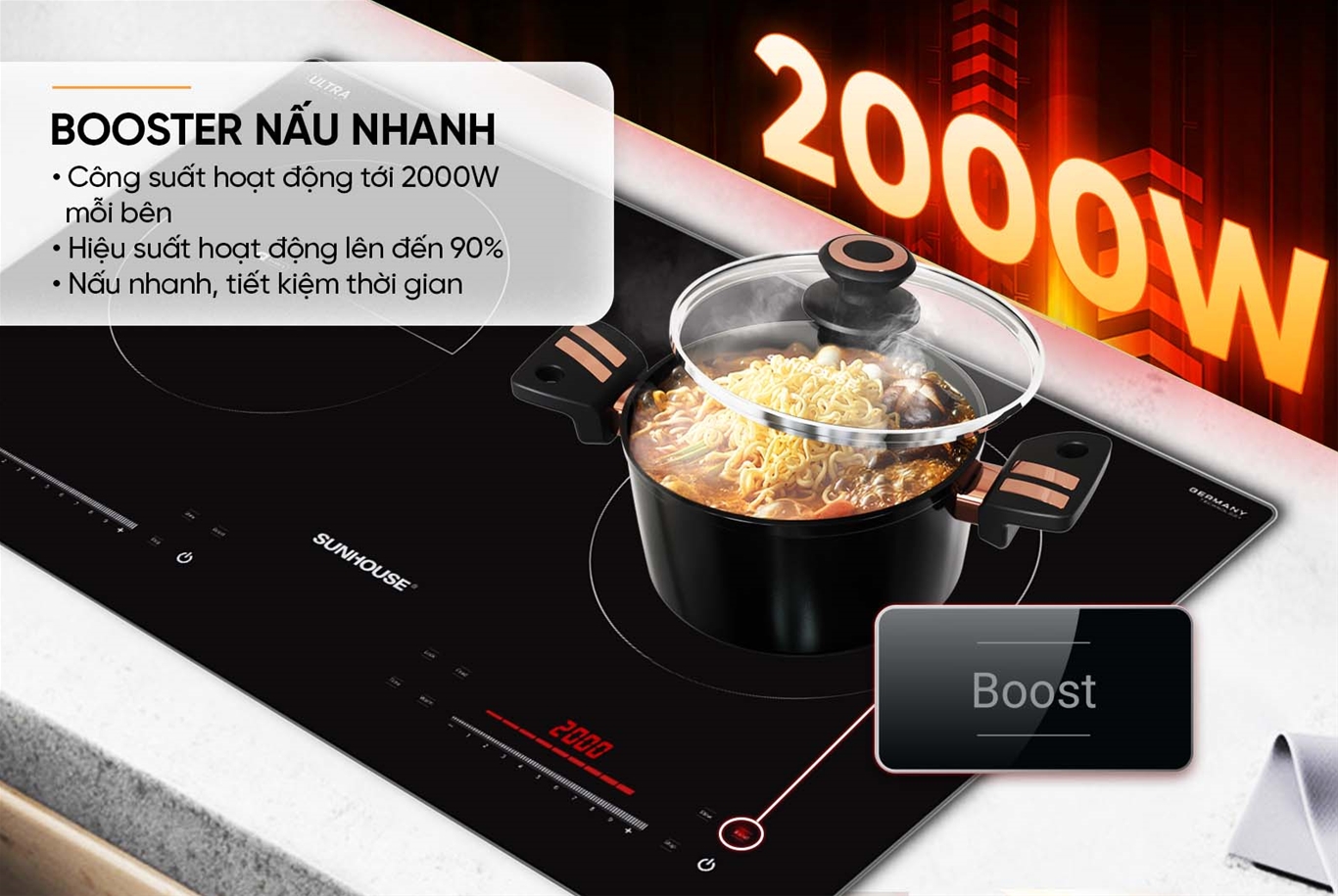 BẾP ĐÔI ĐIỆN TỪ SUNHOUSE SHB-588DI Booster 2200W - Hàng chính hãng