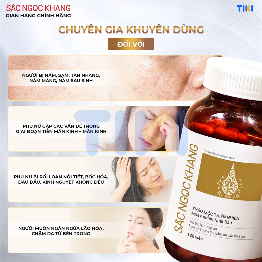 Viên uống Sắc Ngọc Khang Vi tảo lục (60 viên) giúp trẻ hóa làn da xua tan vết nám, hỗ trợ cân bằng nội tiết tố, bổ huyết, điều kinh, hỗ trợ giảm các triệu chứng tiền mãn kinh