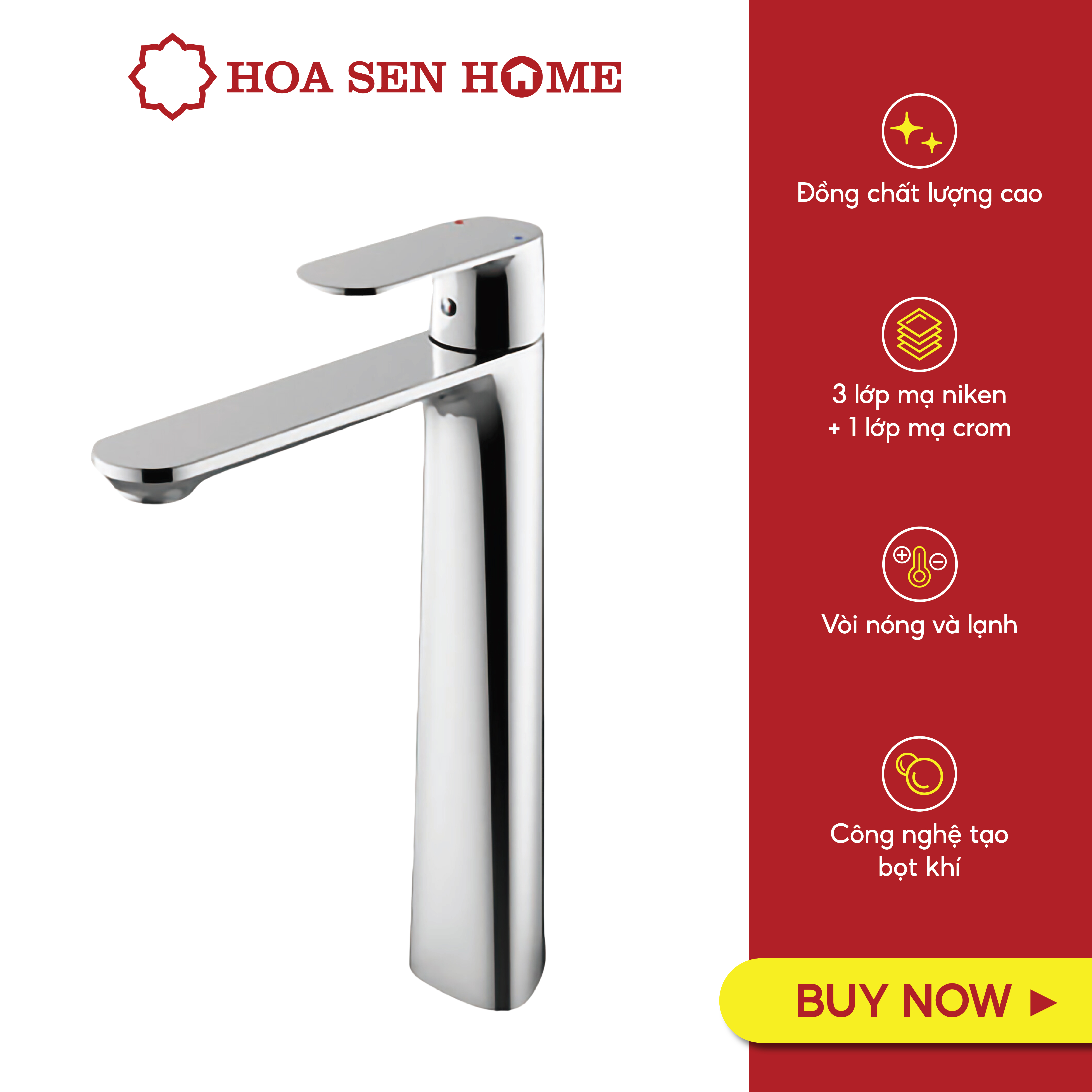 Vòi lavabo nóng lạnh TUSLO F007 Luxury chất liệu đồng nguyên chất, mạ Crom-Niken, công nghệ tạo bọt khí hiện đại - Hoa Sen Home - Hàng chính hãng