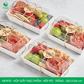 MFHP3T - 20x12.5x6 cm - 25 hộp giấy thực phẩm màu trắng nắp Pet, hộp giấy chữ nhật đựng thức ăn, hộp bánh nắp trong