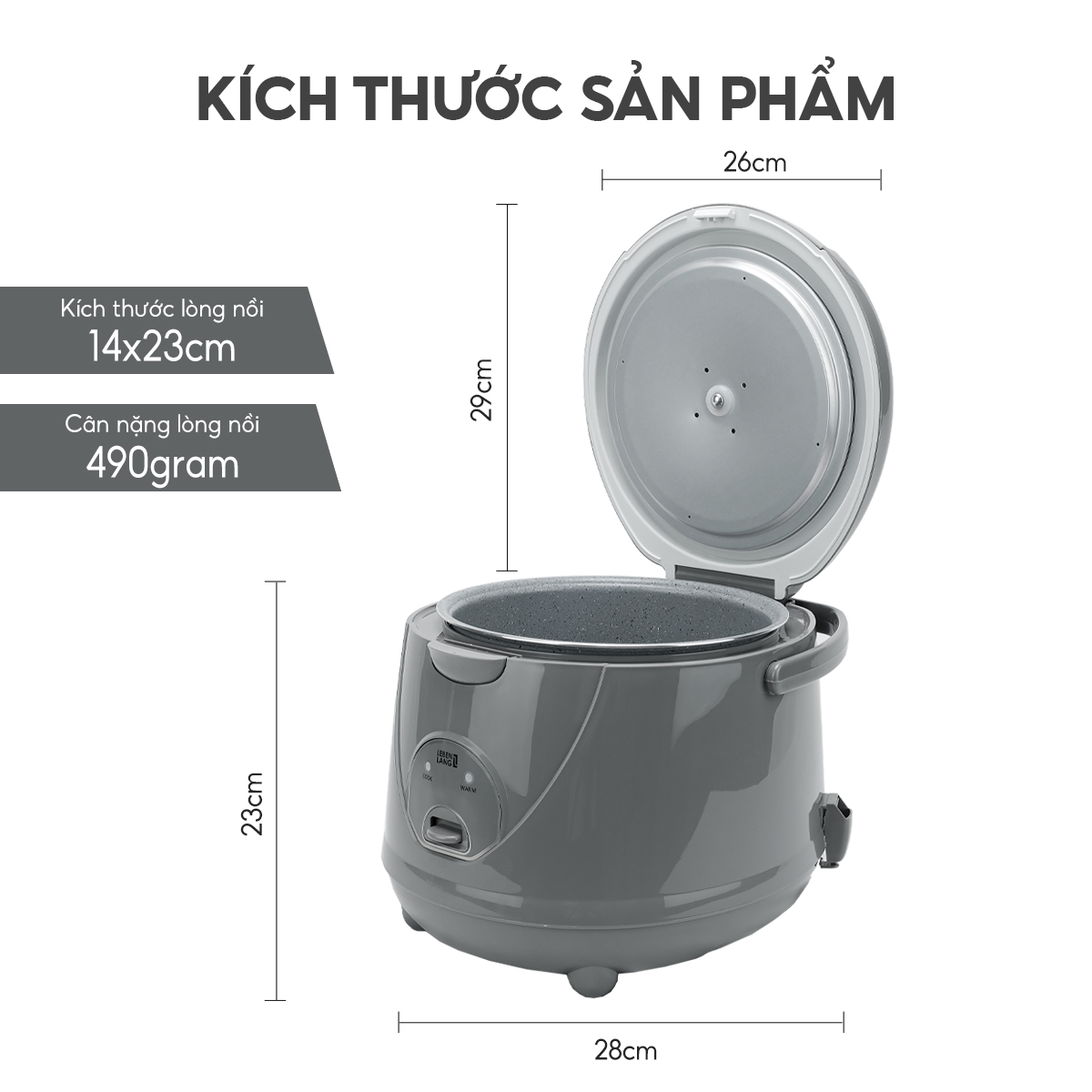 Nồi cơm điện Lebenlang LBL1936 dung tích 1800ml, công suất 700W, thiết kế đơn giản, bảo hành 2 năm - hàng chính hãng