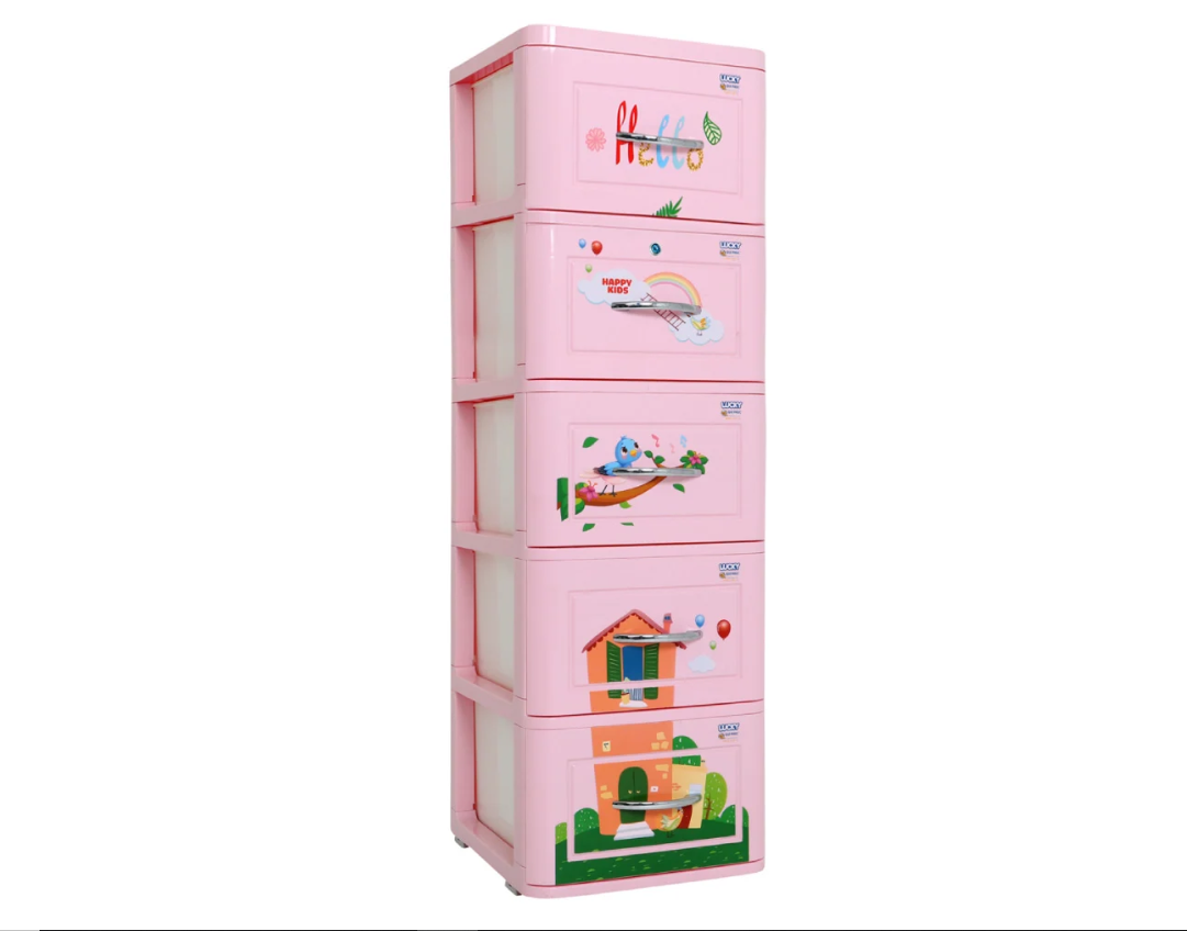 Tủ nhựa 5 tầng Qui Phúc Lucky màu hồng mẫu ngôi nhà KT 380 x 410 x 1250 mm